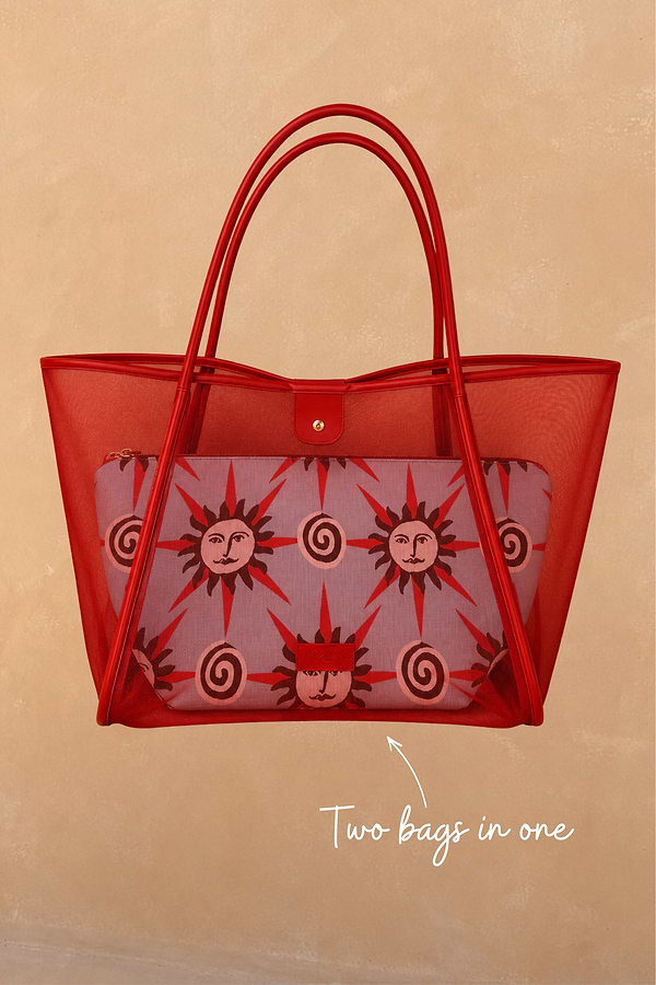 Red Mesh Tote Bag with a sun print pouch and leather straps, featuring a multi-wear two bags in one design.