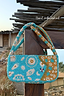 Thumbnail for Blue and Yellow Morocco Beaded bag with hand-embellished glass beads, featuring iconic NFD motifs and gold detailing.