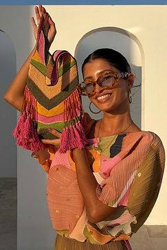 Abstract Beaded Fringe Bag with green stripes and pink tassels, hand-embellished with multicoloured glass beads.