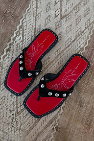 Black Leather Stud Sandals with a red footbed and square toe, featuring silver studs on suede straps.
