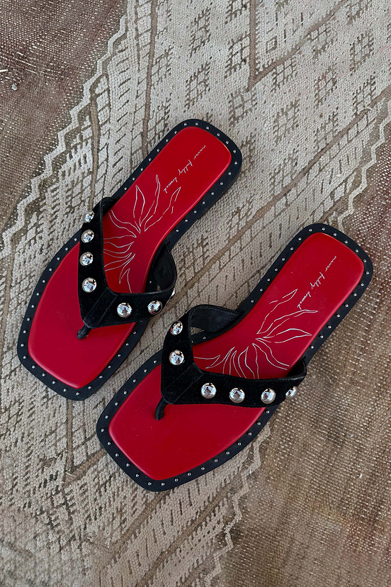 Black Leather Stud Sandals with a red footbed and square toe, featuring silver studs on suede straps.