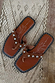 Tan Leather Stud Sandals featuring a square toe and silver stud detailing on wide suede straps.