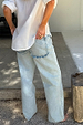 Light blue straight leg denim jeans with scalloped back pockets, styled with a white shirt.