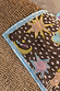 Star Fawn Bandana in brown with a fawn spot print, celestial motifs and blue border on a woven wicker surface.