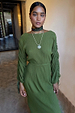 Khaki Celia Plisse Dress with long ruched sleeves and a textured pleated finish in a deep green tone.