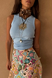 Ice Blue Ribbed Tank Top in soft stretch fabric, styled with a beaded skirt on a 5ft4” model wearing size S.