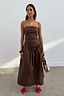 Thumbnail for Chocolate Lola Mid-axi Dress in a brown tone with a strapless ruched bodice and full cotton skirt, designed in London.