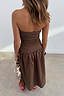 Chocolate Lola Mid-axi Dress in brown cotton, featuring a ruched bodice and full gathered skirt from the back.