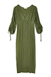 Khaki Celia Plisse Dress with a V-neck and long ruched sleeves with tie detailing.