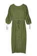 Khaki Celia Plisse Dress with long sheer sleeves, tie cuffs, and an elasticated waist in a flat lay view.