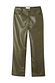 Khaki green vegan leather trousers with a straight-leg silhouette and pocket detailing on a white background.