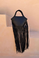 Black Leather Fringe Bag with a plaited handle and long fringe, a versatile statement staple.