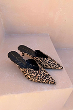 Pointed Leopard Heel Mules featuring a 5.5cm kitten heel in a leopard print, displayed on a stone surface.