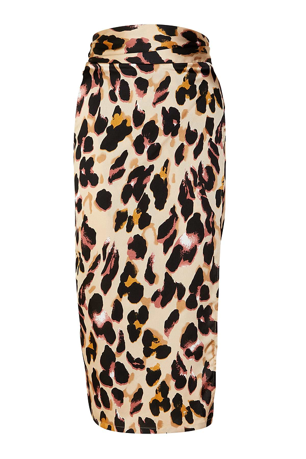 Iconic Brown Leopard Jaspre Skirt in a sleek satin wrap style featuring a classic animal print.
