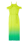 Lime Ombre Plisse Claudia Dress with gold flecks, cold shoulder frills, and a waist tie for vacation dressing.