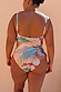 Morocco Swimsuit featuring a swirling patchwork print in pink and blue tones, shown from the back on a curve model.