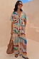 Morocco wide leg trousers in a celestial patchwork print, styled as a co-ord with a matching tie-front top.
