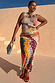 Pastel Morocco Dorris Skirt in a multi-colour abstract print with eye motifs, shown on a model for inclusive sizing.