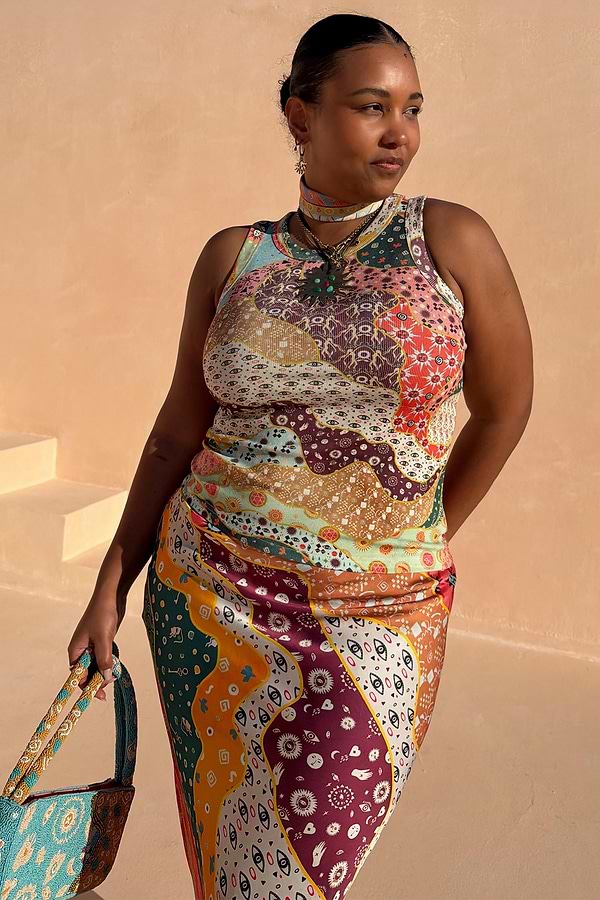 Pastel Morocco Rib Tank Top with abstract motifs on a model, showcasing inclusive sizing and curve fashion.