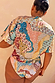 Morocco Tie Front Top in a patchwork celestial print with blue and rust tones, shown from the back.
