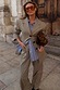 Grey Check Trousers and matching blazer styled with a blue striped shirt and leopard print clutch.