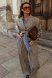 Grey Check Trousers and matching blazer styled with a blue striped shirt and a leopard print clutch bag.