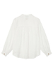 Oversized White Miley Shirt seen from the back, featuring blouson sleeves and contrast tortoise button cuffs.