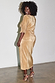 Gold Plisse Dress with retro angel sleeves and a shimmering finish on a smiling model.