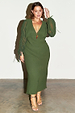 Khaki green Celia plisse midi dress featuring long sheer tie sleeves and a plunging v-neck.