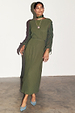 Khaki Celia Plisse Dress with long sheer sleeves and a pleated finish, styled with blue embellished heels.