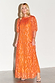 Orange Jacquard Bibi Dress with gold thread details and puffball sleeves on a model.