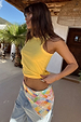 Lemon Ribbed Tank in soft stretch yellow fabric, styled with denim and a colourful printed scarf.
