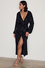 Thumbnail for Black Sequin Kira Wrap Dress featuring long sleeves, a V-neckline and a side slit.