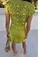 Green Shell Mini Elodie Dress back view featuring a lime crochet shell-embellished top and satin skirt.