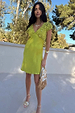 Green Shell Mini Elodie Dress in lime featuring a contrast crochet bodice and satin skirt.