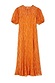 Orange Jacquard Bibi maxi dress with gold diamond patterns, puffball sleeves, and a flowy smock silhouette.