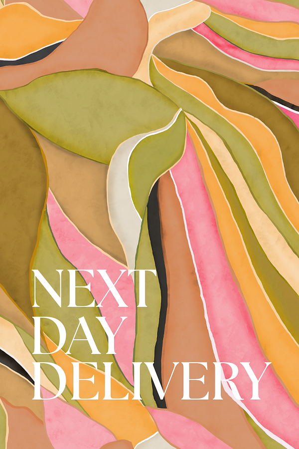 Next Day Delivery text in white over an abstract wavy pattern of pink, green and orange.