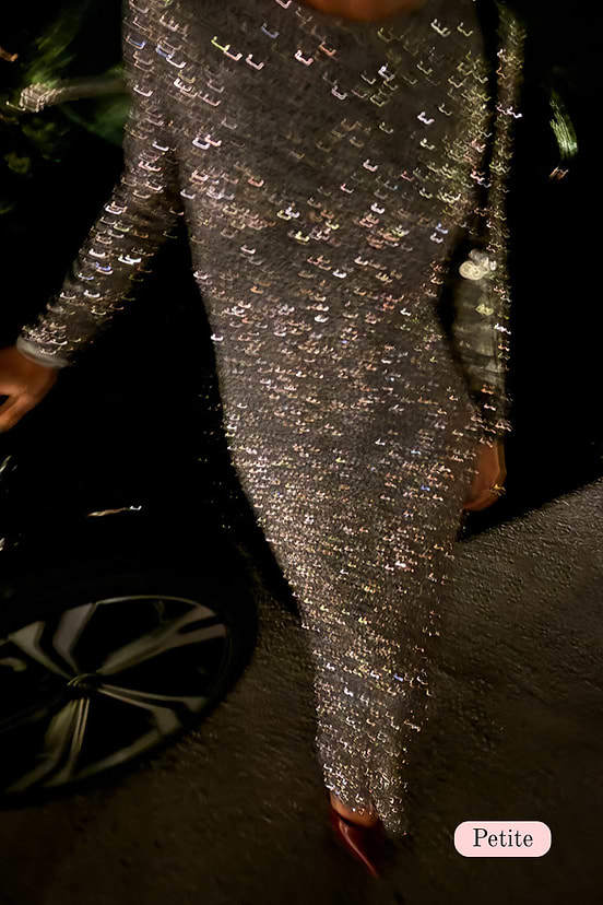 Gunmetal Sequin Soho Dress in a petite fit, featuring shimmering grey sequins and a long-sleeve silhouette.