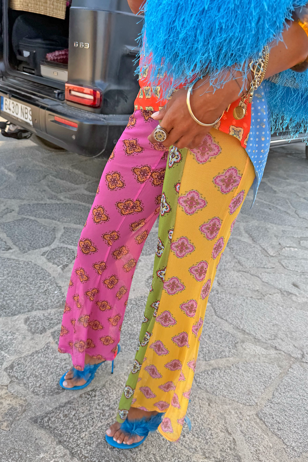 Pink Mix Tile Mesh Flare Trousers | Never Fully Dressed