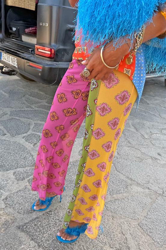 Pink Mix Tile Mesh Flare Trousers