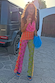 Pink Mix Tile Mesh Flare Trousers
