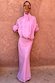 Pink Organza Funnel Jacket with a drawstring hem and semi-sheer finish, styled with a matching long skirt.