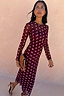 Thumbnail for Burgundy Polka Dot Mesh Dress featuring pink spots, long sleeves and sheer fabric over a matching slip dress.