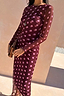 Thumbnail for Burgundy Polka Dot Mesh Dress with pink dots and long sleeves, paired with a leopard print clutch.