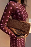 Thumbnail for Burgundy Polka Dot Mesh Dress with pink spots and sheer sleeves, paired with a patterned animal print clutch.