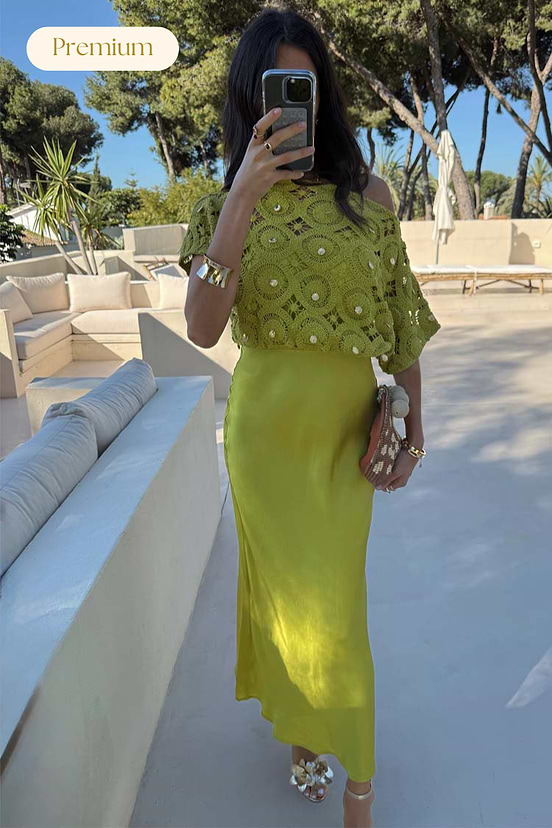 Green Shell Crochet Tilly Dress with a shell-embellished knit top and lime green satin midaxi skirt.
