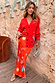 Red Celestial Dorris Skirt in red satin with a hand-painted celestial print and matching cardigan.