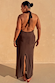Chocolate Sabine Dress featuring an open back, halter neck tie and split hem, highlighting inclusive sizing.