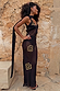 Black and gold sleeveless Simona Petite maxi dress in sheer mesh with gold sequin details and a detachable scarf.