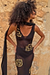 Petite Black and Gold Simona maxi dress in sheer mesh with gold sequins and a matching scarf, worn by a model.